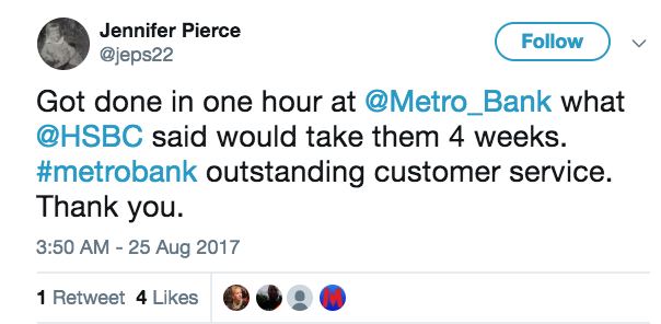 A tweet about Metro Bank customer service