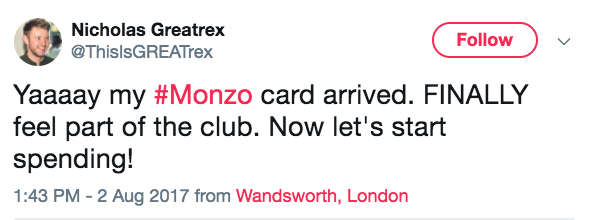 Monzo FOMO Tweet card arrived