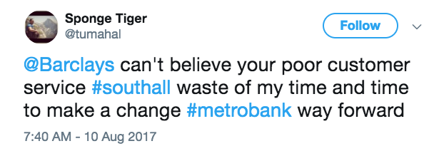 A tweet comparing metro bank to barclays 