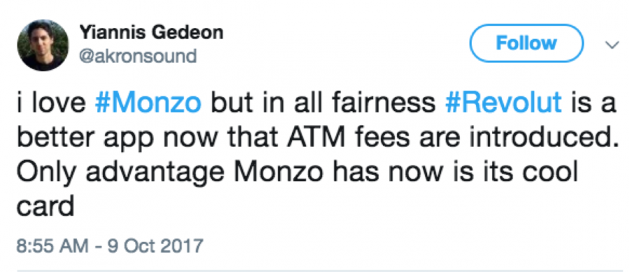 A tweet comparing Monzo and Revolut banks