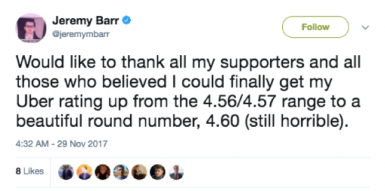 Tweet about Uber rating increasing