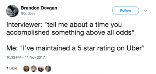 Tweet bragging about a high Uber rating