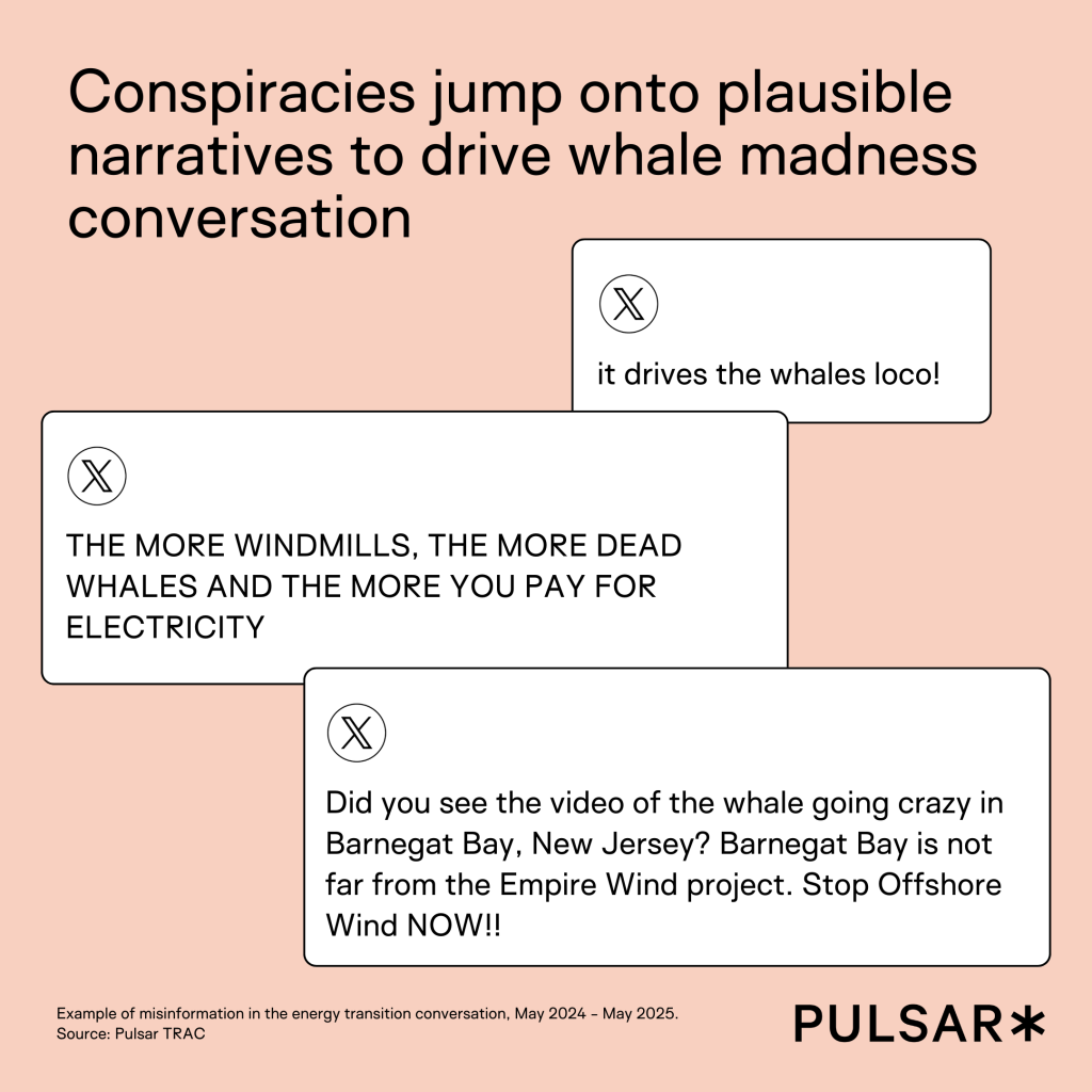 Misinfo Conspiracies jump onto plausible narratives to drive whale madness conversation - image with example tweets posts from X