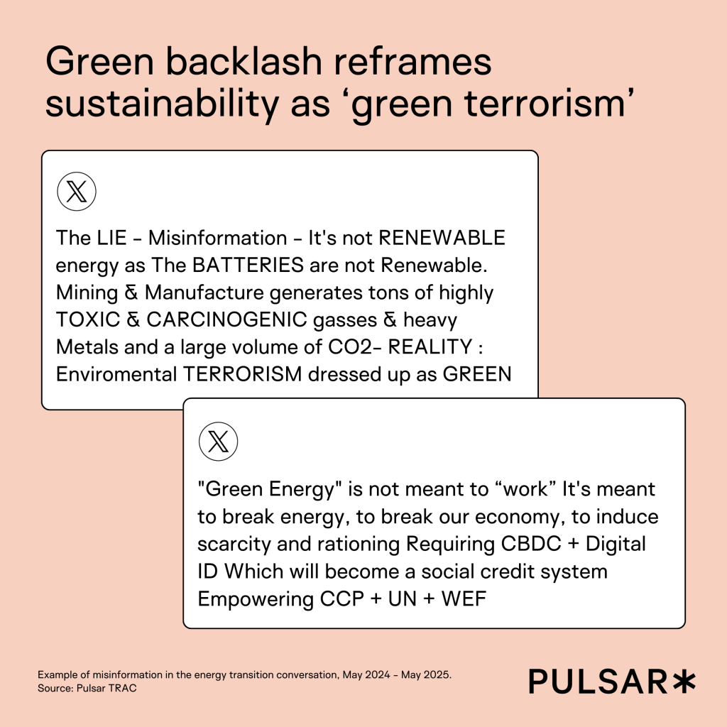 Misinfo Green backlash reframes sustainability as ‘green terrorism’ example tweets X posts