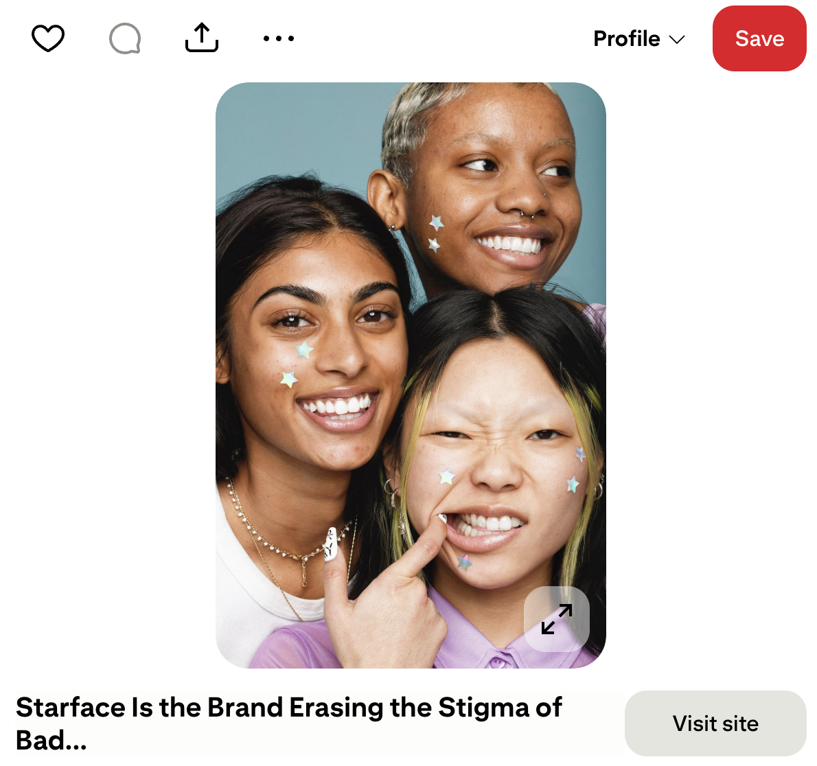 Pinterest screenshot showing three young people wearing Starface pimple patch stickers