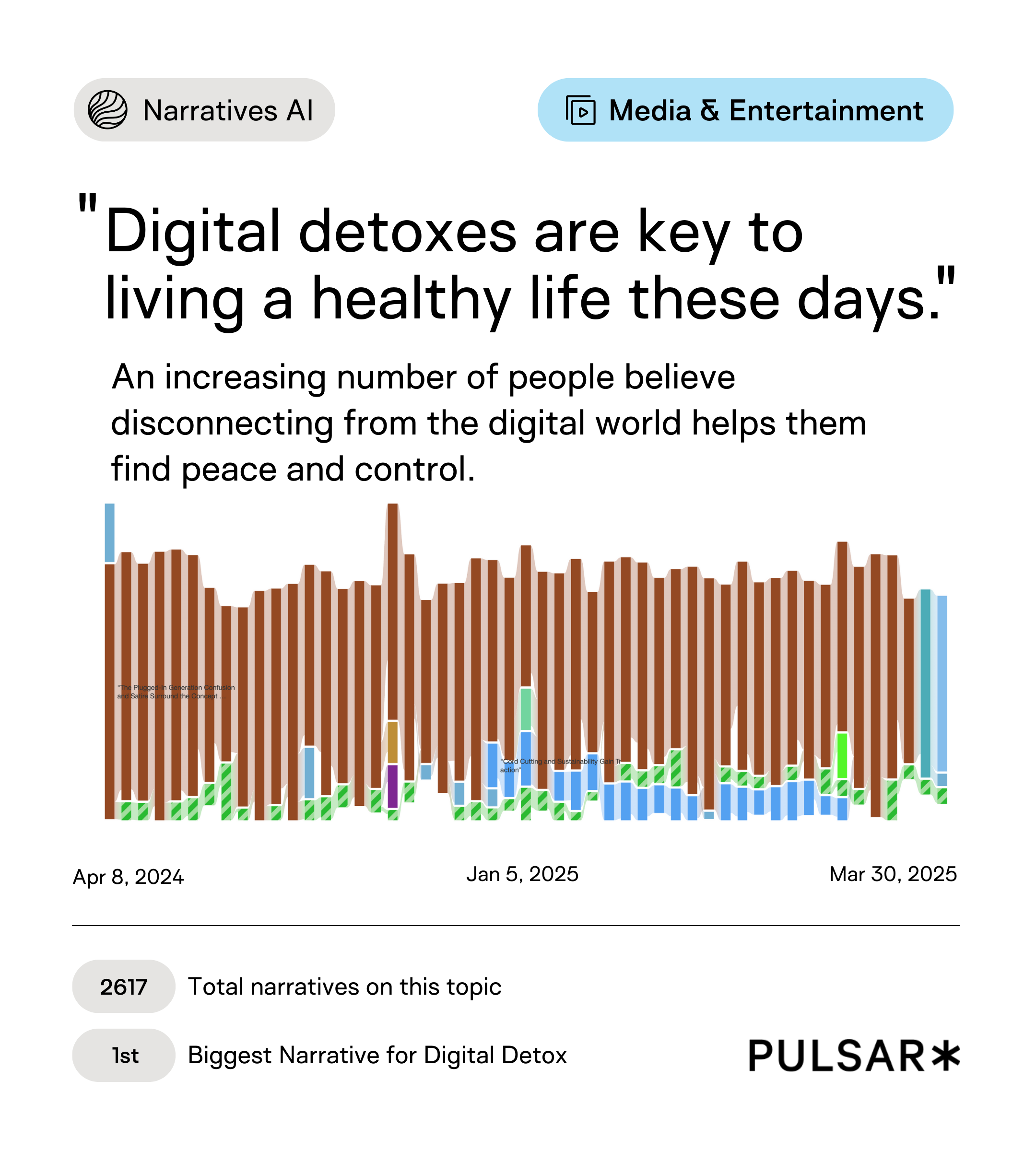 Visual showing digital detox framed as essential to a healthy life, with audiences linking disconnection from digital media to wellbeing, peace, and control.