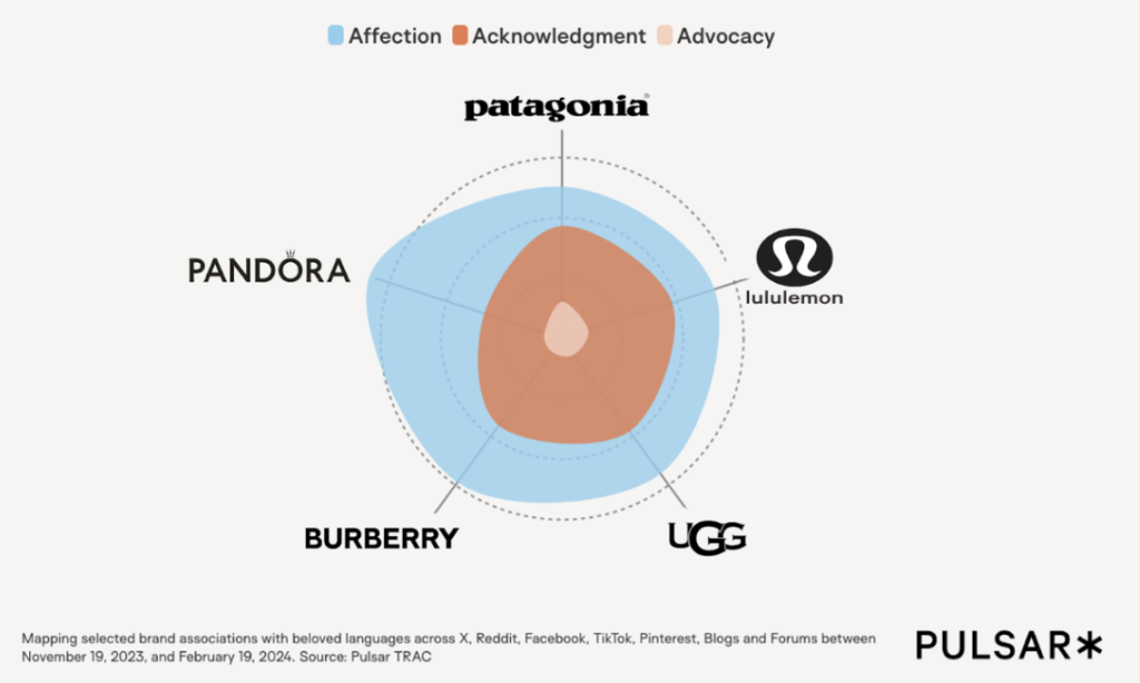  Radar chart showing Patagonia, Lululemon, Pandora, Burberry and UGG mapped across affection, acknowledgment and advocacy metrics, highlighting Patagonia’s strongest emotional affinity in social and online conversations.