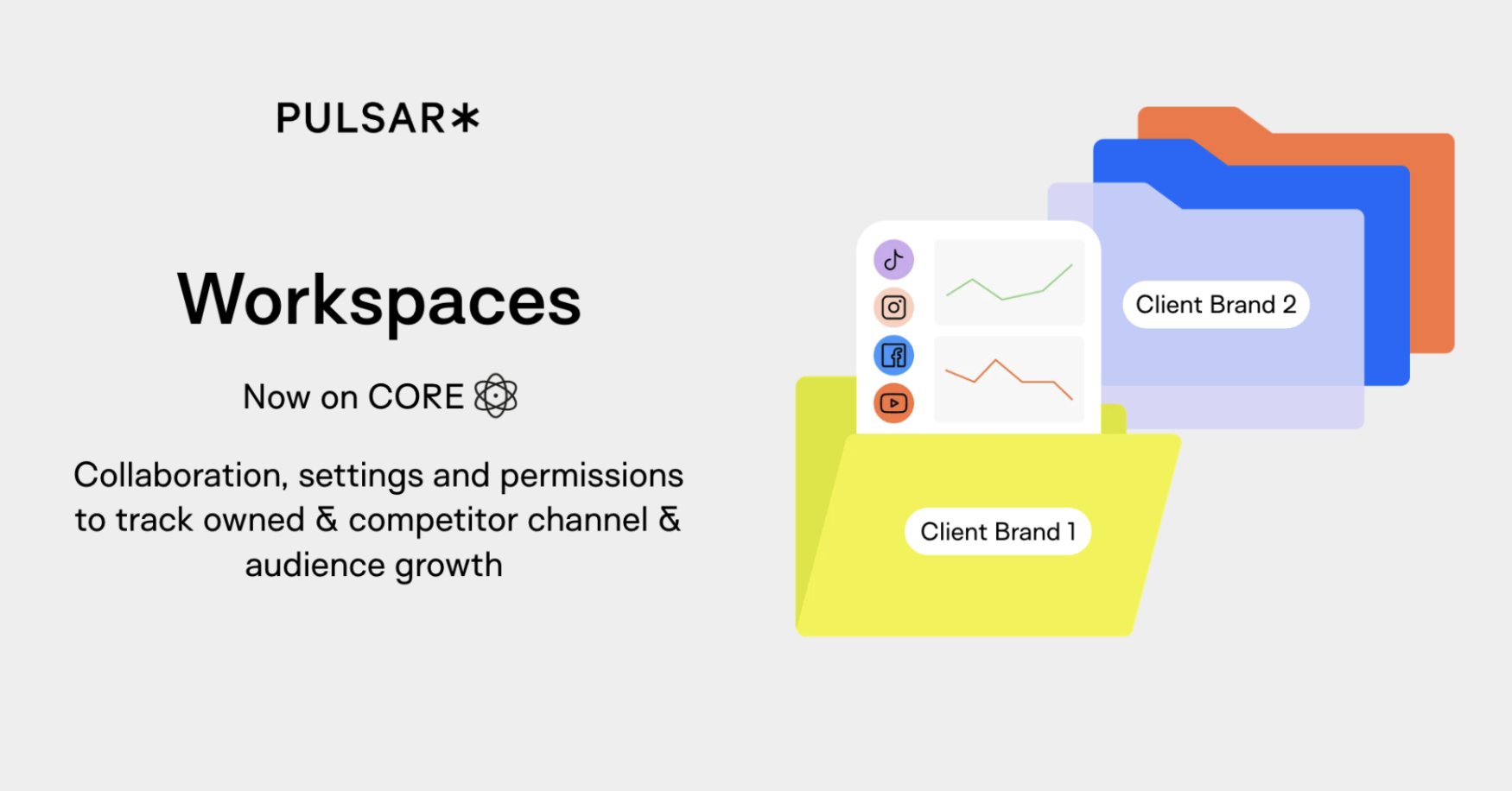 PULSAR Workspaces feature on CORE is highlighted with colorful folders labeled Client Brand 1 and 2. Icons symbolize collaboration tools.