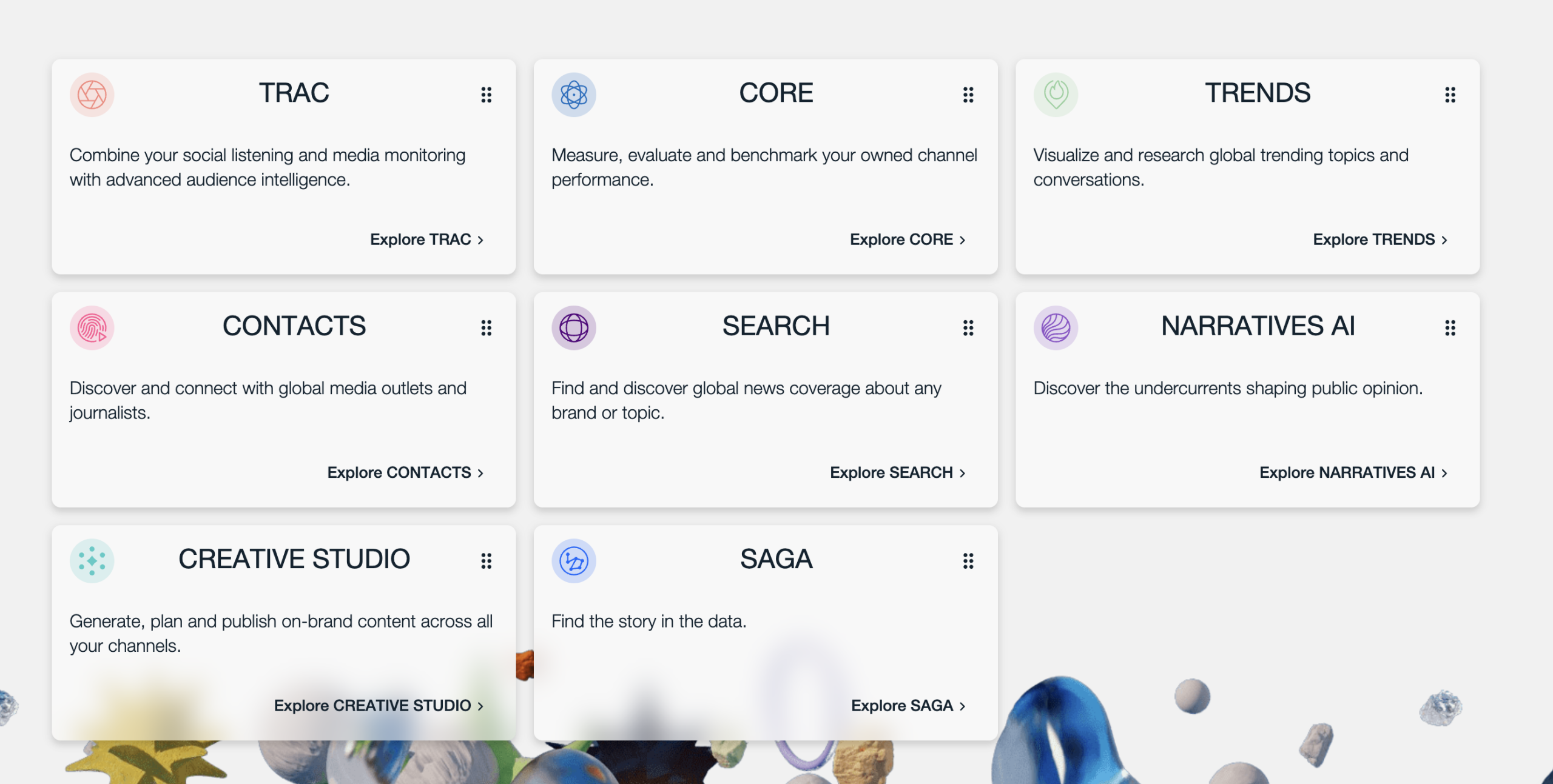 A visual menu of Pulsar platform products displayed in white cards: TRAC for social listening and audience intelligence, CORE for owned channel performance, TRENDS for trending topics, CONTACTS for media outlets and journalists, SEARCH for news coverage, NARRATIVES AI for public opinion analysis, CREATIVE STUDIO for content publishing, and SAGA for data storytelling