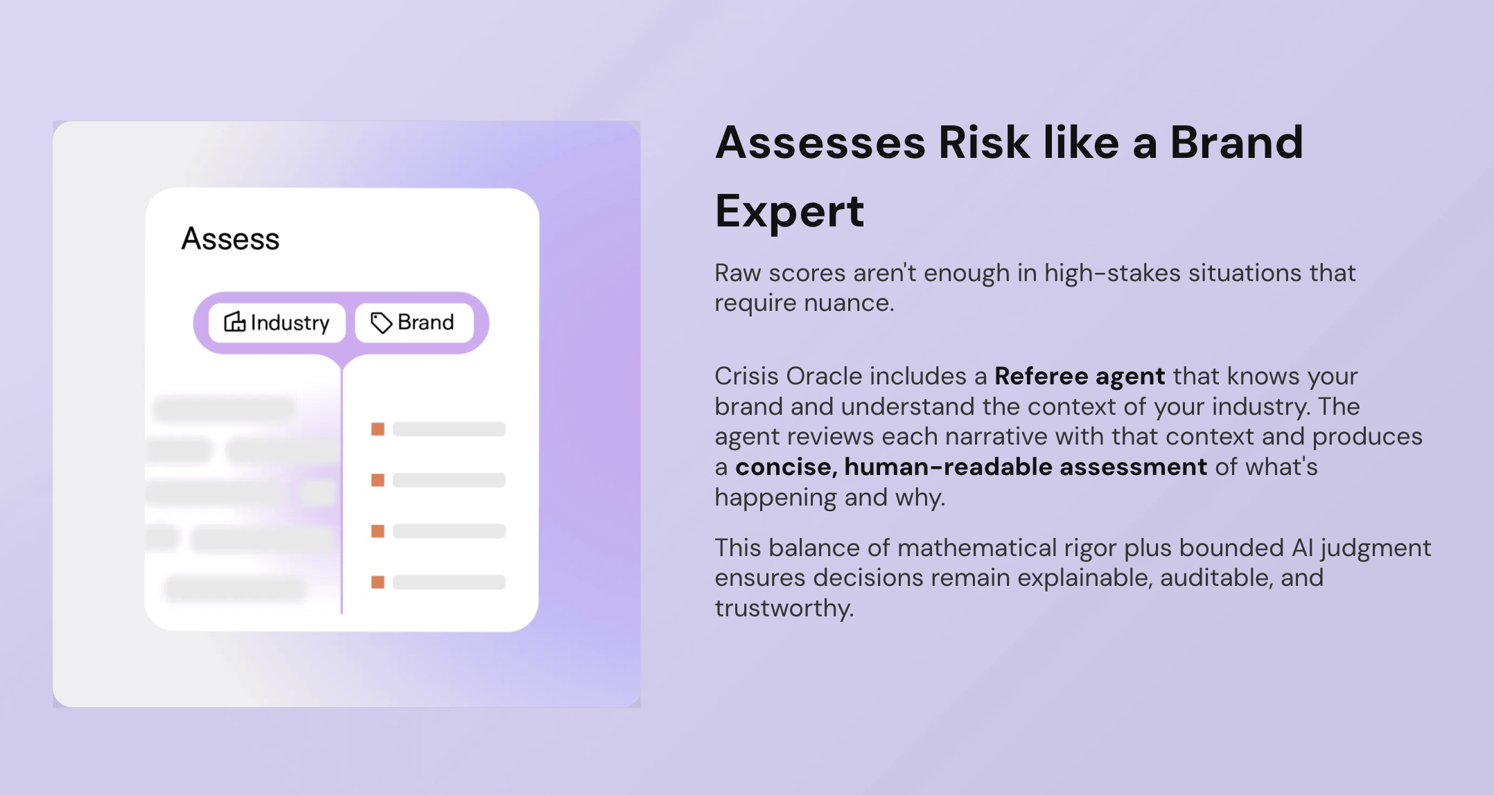 A light purple promotional slide featuring a UI illustration on the left labeled "Assess" with tags for "Industry" and "Brand." On the right, text titled "Assesses Risk like a Brand Expert" explains that raw scores aren't enough in high-stakes situations. It notes that Crisis Oracle uses a Referee agent to evaluate narratives based on brand and industry context, producing a concise assessment to ensure decisions are explainable, auditable, and trustworthy.